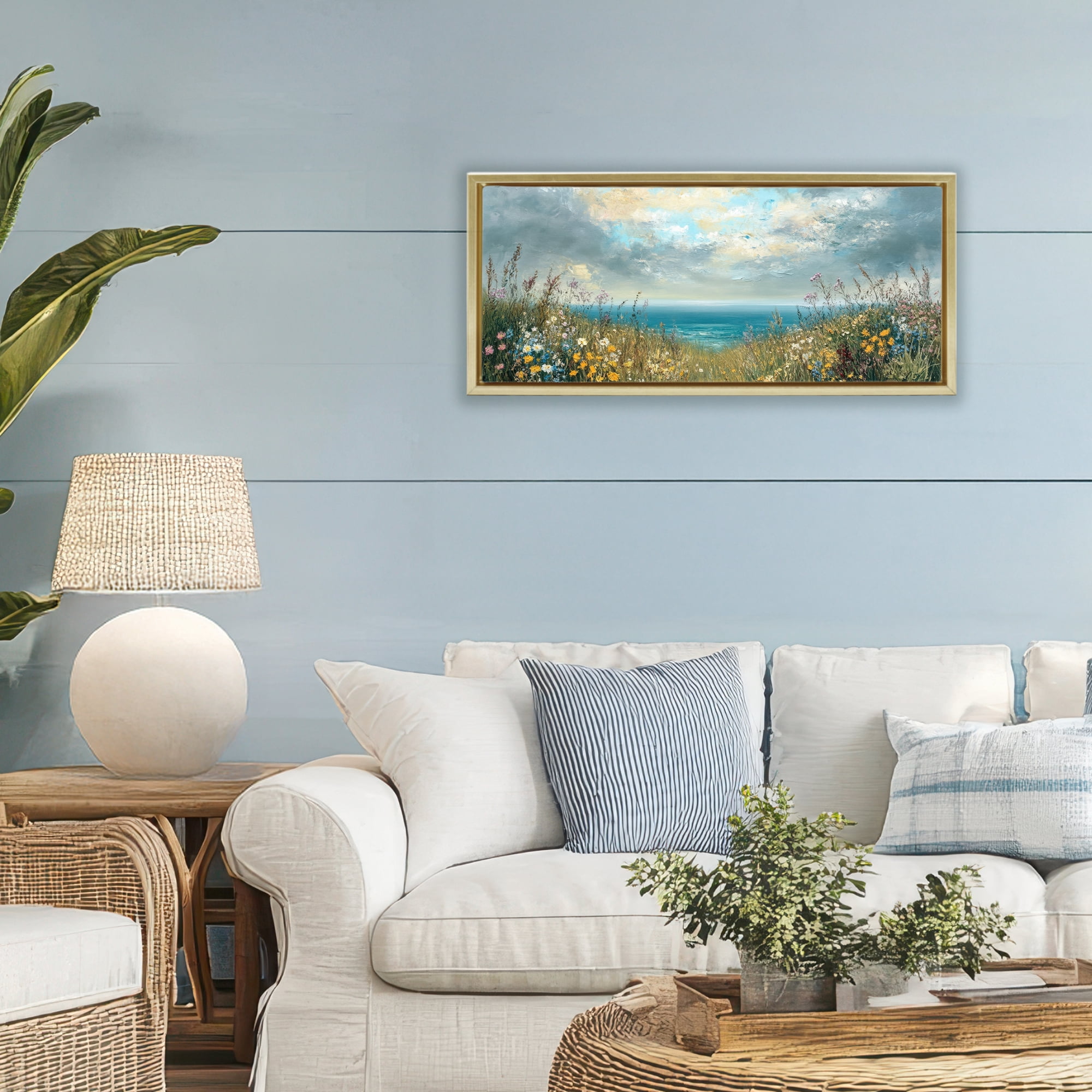 Stupell Industries Scenic Coastal Flowers In Bloom Gold Framed Floater Canvas Wall Art, design by Petal Prints Design