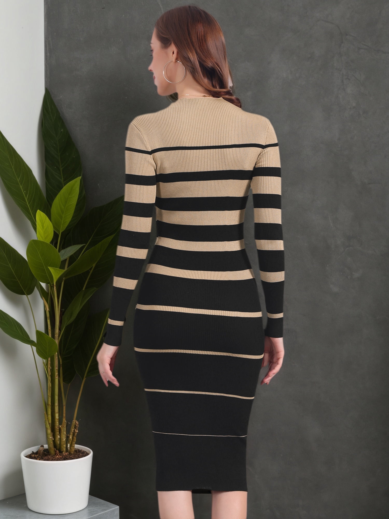 DARING DIVA Women's Striped Long Sleeve Crew Neck Ribbed Knit Dress L Khaki