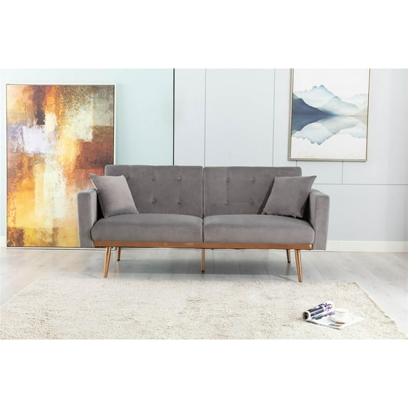 Velvet Futon Couch, Tufted Loveseat Sofa, Mid Century Modern Sofas, Convertible Futon Sofa Bed, Accent Sofa Recliner, Golden Metal Legs, 2 Couch Pillows, for Home Living Room Bedroom, Gray