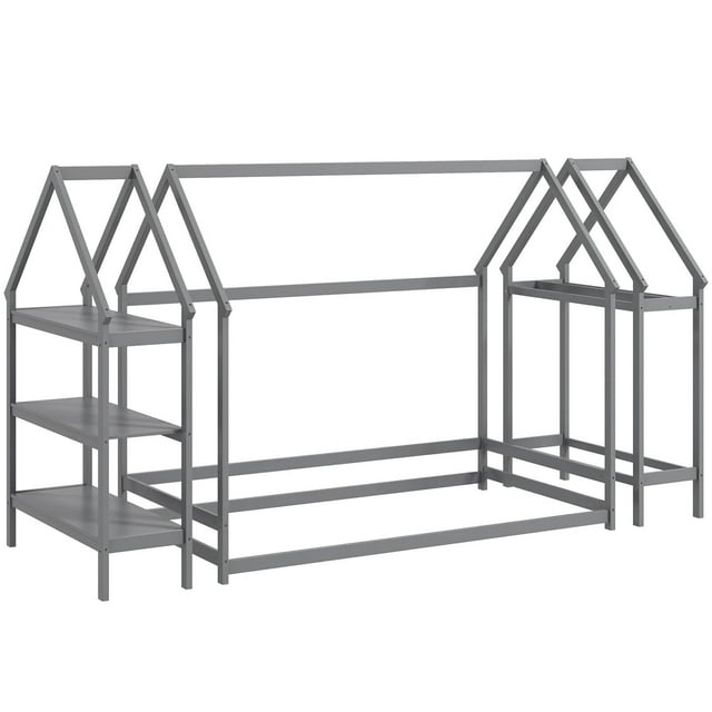 Costway Twin Size House Bed Montessori Floor Bed with Detachable Storage Shelves Gray