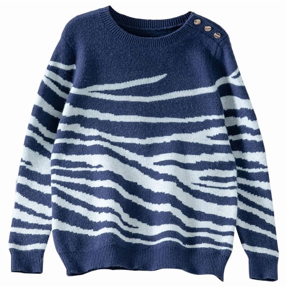 Women'S Casual Round Neck Long Sleeve Pullover Sweater Fall Winter Contrast Striped Shoulder Button Knit Tibet S
