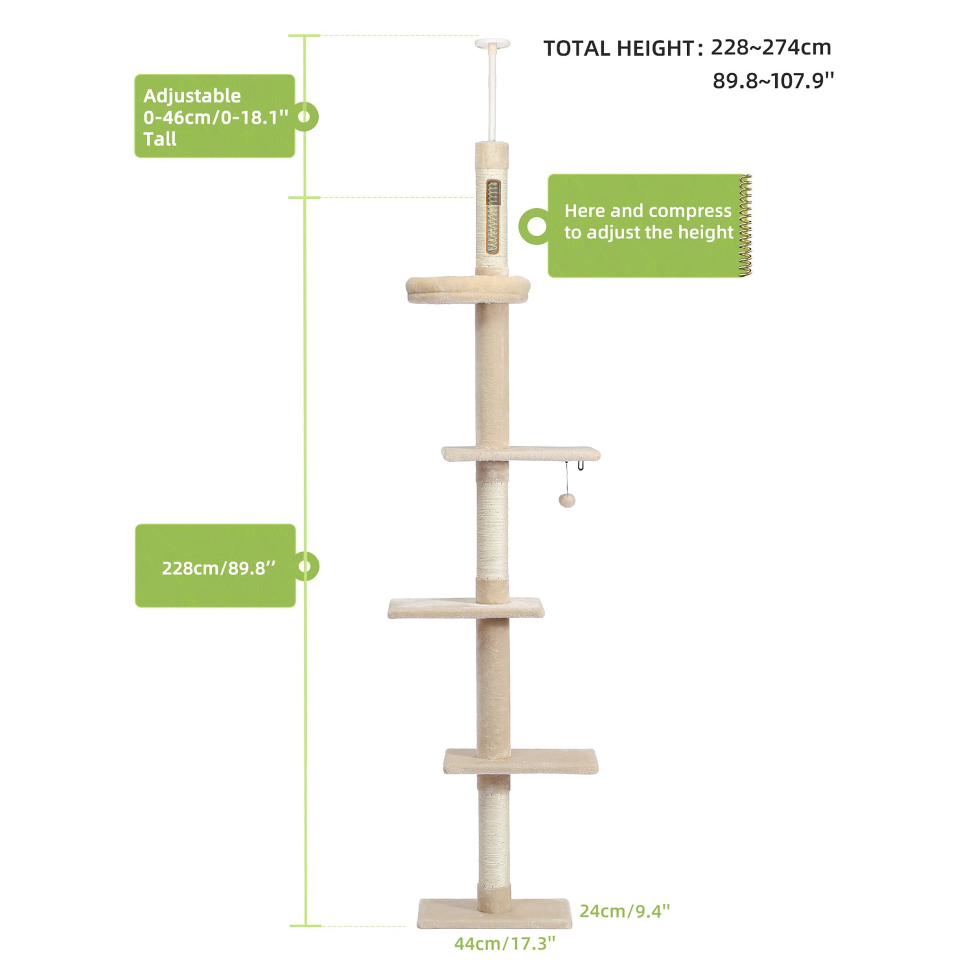 Pefilos Cat Tree Tower Interactive Adjustable 90"-108" Tall, 5-Tier Floor to Ceiling Cat Tower for Indoor Cats, Beige