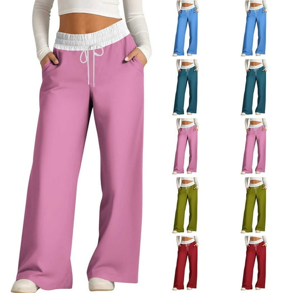 HAPIMO Drawstring High Waist Trousers Loose Pants for Women Fashion Casual Sweatpants Workout Wide Leg Pants Color Block Patchwork Palazzo Pants Green L
