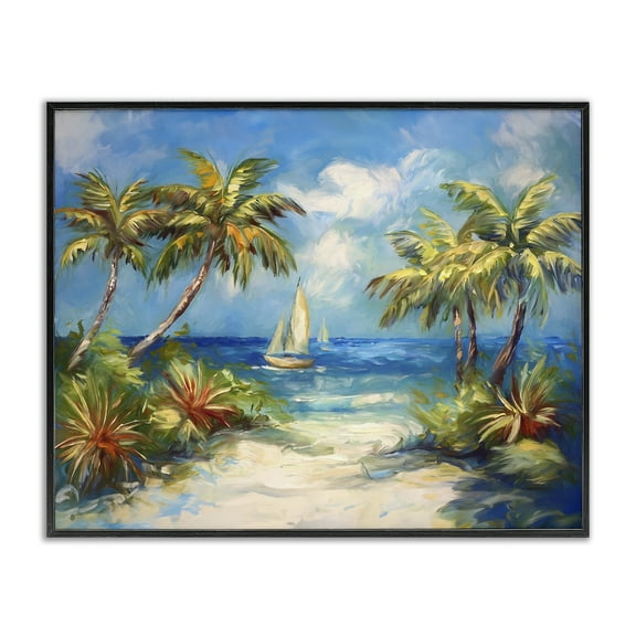 Stupell Industries Tropical Paradise Harbor Coastal Painting Black Framed Art Print Wall Art, 14 x 11
