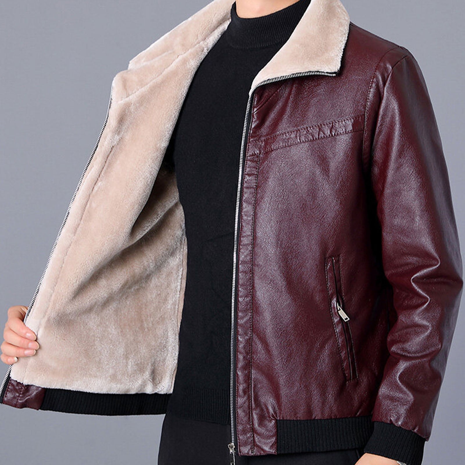 Brown Leather Jacket Men Fashion Fleece Turn-Down Collar Jacket Moto Biker Coat Retro Bomber Faux Leather Outerwear