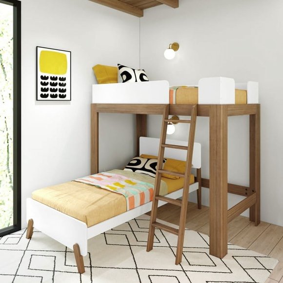 Max & Lily Twin over Twin L-Shaped Bunk Bed, Mid-Century Modern Bunk Solid Wood Bunk for Kids, White/Pecan