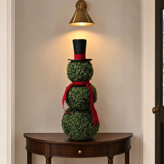 Boxwood Snowman Topiary 32", Artificial Christmas Greenery Figurine for Indoor Outdoor Holiday Decor