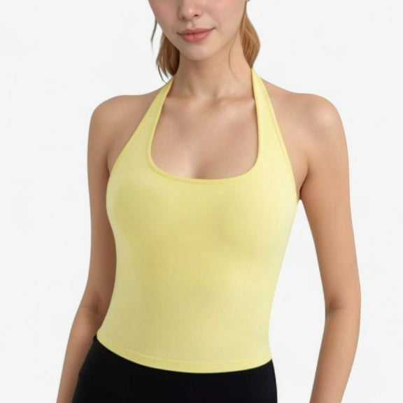 Women's Halter Neck Cropped Tank Top with Built-In Bra and Stretch Fabric for Workout or Casual Wear - Small, Yellow