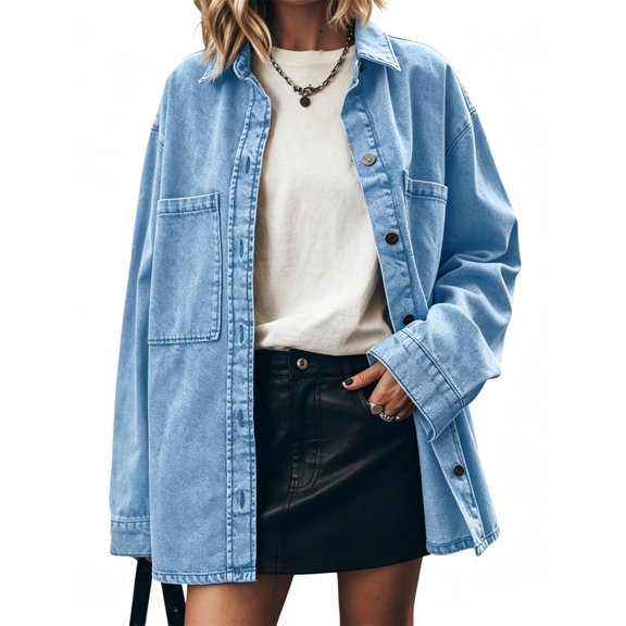 Womens Oversized Jean Jacket Casual Button Up Denim Overshirt Trendy Long Sleeve Denim Jacket Coat