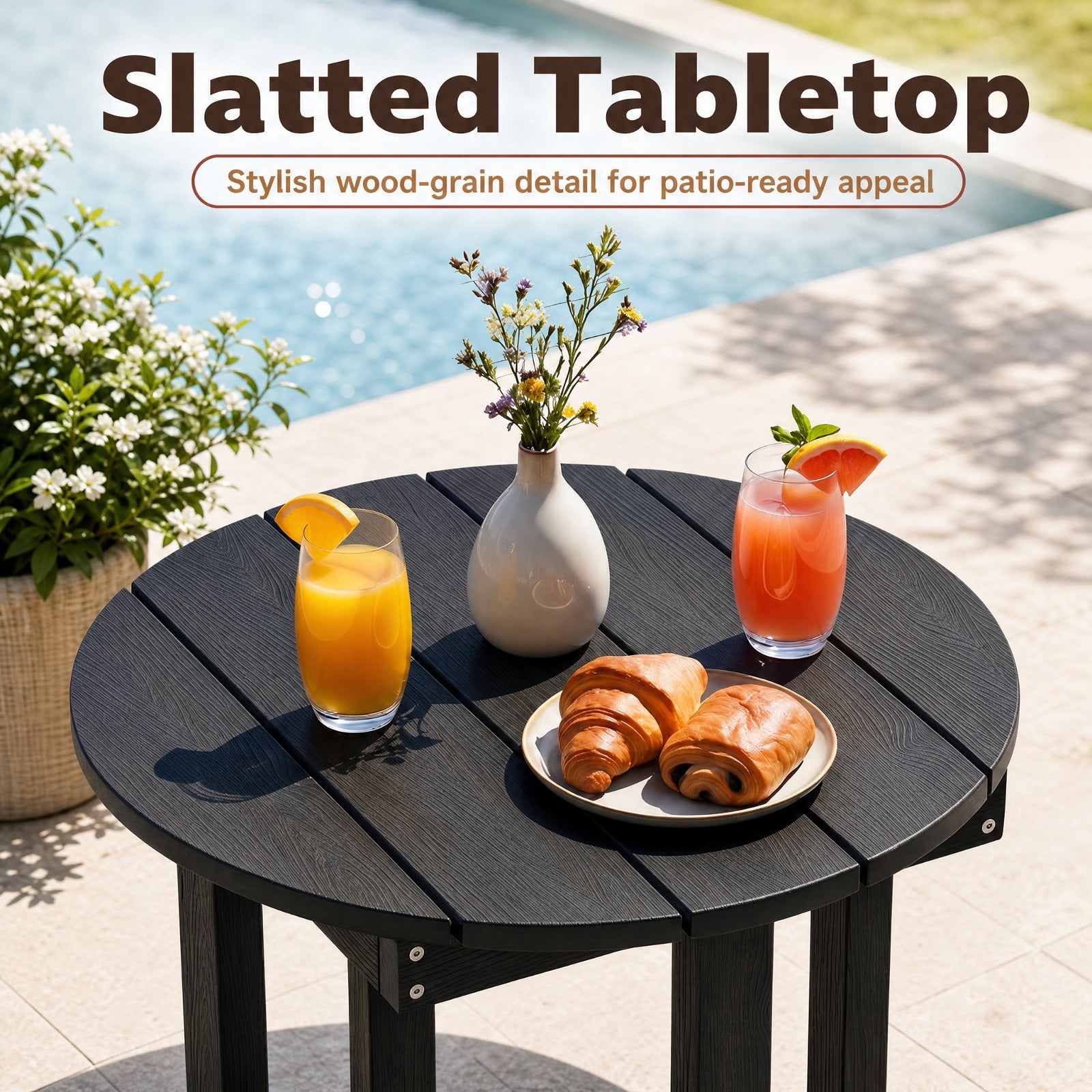Biotree 18 Inch Adirondack Side Table Outdoor, Weatherproof HIPS Slatted End Table with X-Base and 66 lbs Capacity for Deck Backyard Poolside, Black