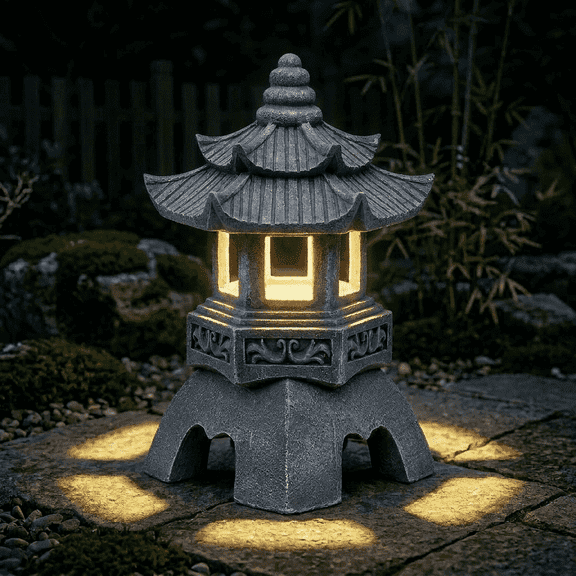 Japanese Solar Pagoda Lantern Garden Statue Outdoor Zen Decor Light