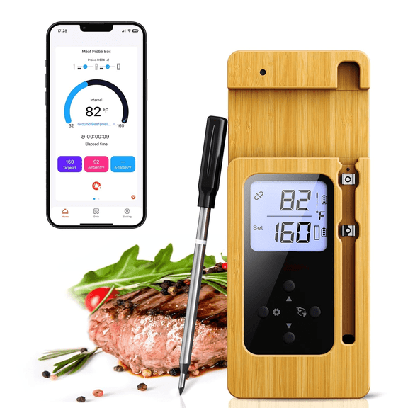Wireless Meat Thermometer with LCD Display & Phone Alerts,  Heatproof Handle for BBQ,  Grilling