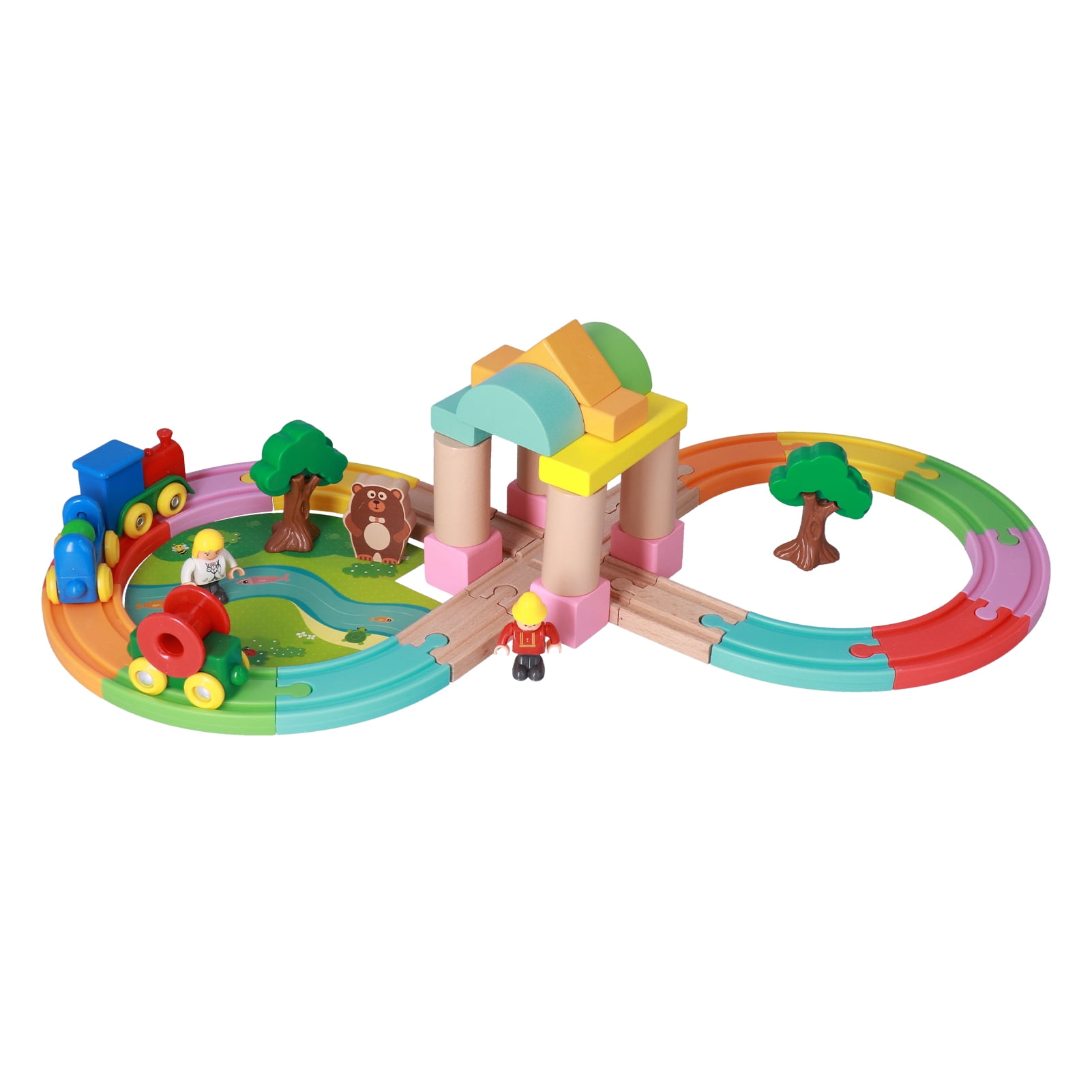 COSTWAY Tren De Madera Apilable Con Animales Y Bloques | 11 Piezas Para Niños De 3+ Años | Juguete Educativo Y Creativo | Locomotora Retráctil Y Coches De Madera