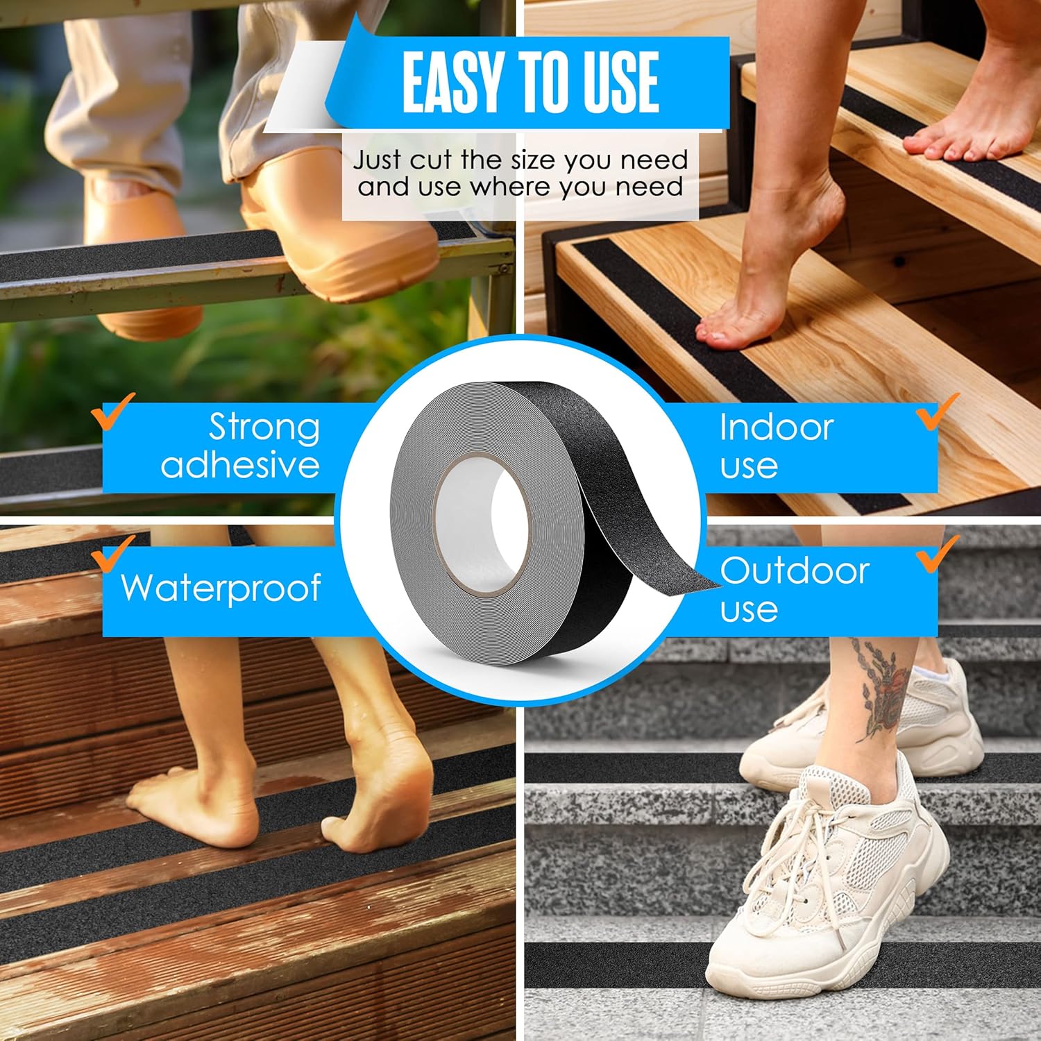 Anti Slip Tape, Grip Tape, Non Slip Stair Treads, Non Skid Strips, Stair Grips, Traction Strips, Outdoor Step Treads, For Steps, Skateboard, Anti Skid, Safety, Adhesive, Black 2INx60FT Roll