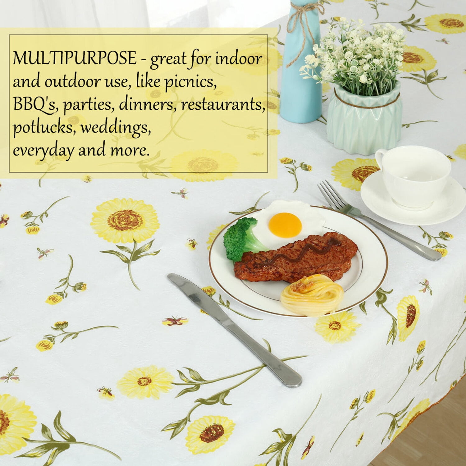 Unique Bargains Vinyl Rectangle Table Cover Yellow Flower Tablecloth 54" x 71"