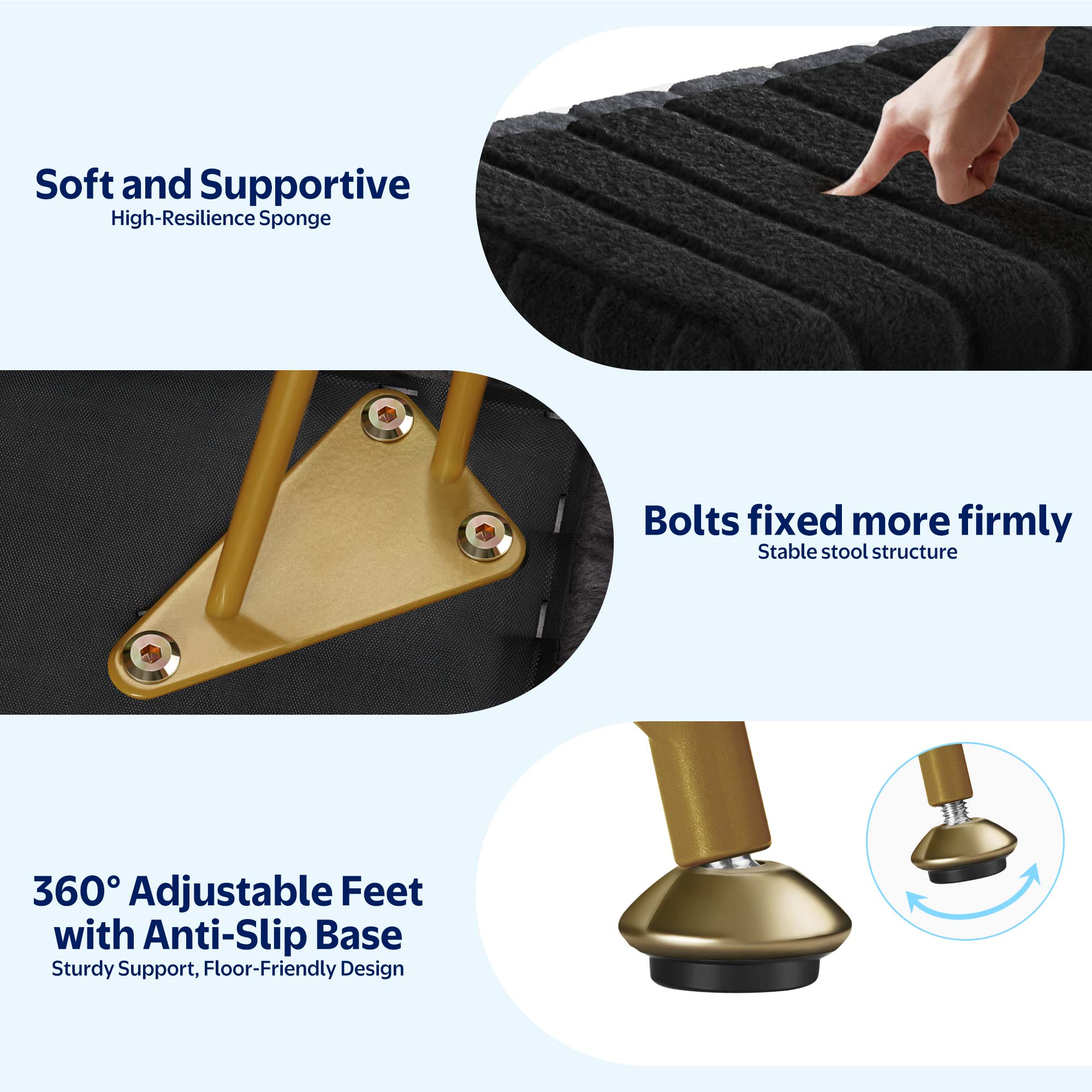 Greenstell Footstools Ottoman Bench with Storage, 15.5”L x 11.6”W x 19.2”H Vanity Faux Fur Padded Stool with Coffee Table Padded Seat and Adjustable Feet for Makeup Bedroom Entryway, Black