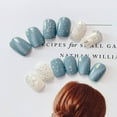 thumbnail image 4 of 24pcs Gray blue marble pattern short false nails round head press on nails with designs, 4 of 7