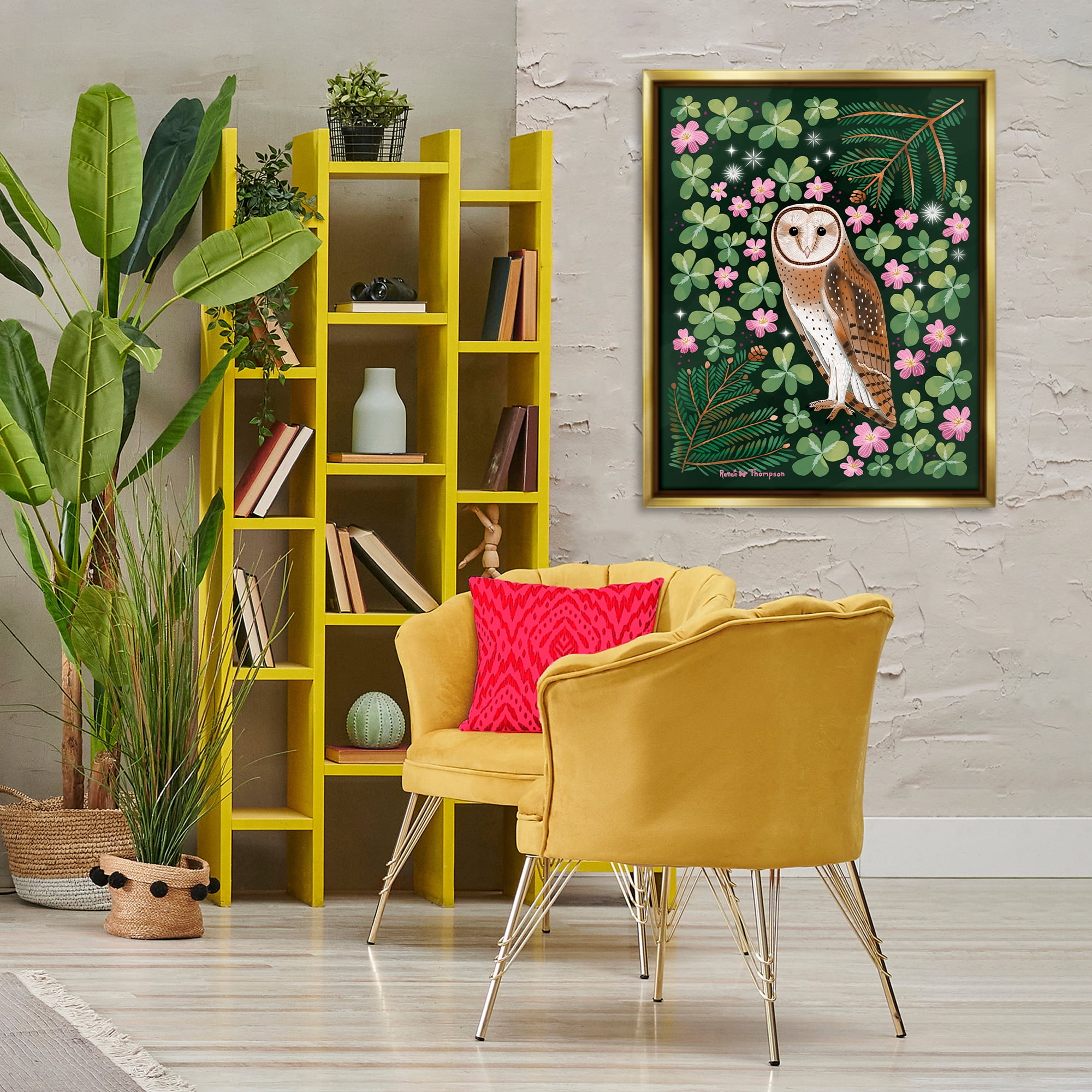 Stupell Industries Barn Owl & Botanicals Animals Painting Gold Floater Framed Canvas Art Print Wall Art, 25 x 31