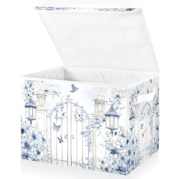 Blue Floral Gate Flowers Birds Storage Basket for Shelves Foldable Container Organizer for Organizing Toys Clothes Books with Handles