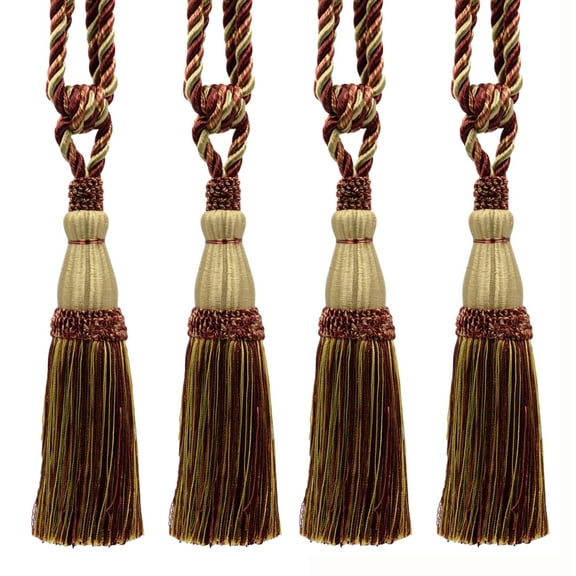 DECOPRO Elegant Lustrous Curtain Tassel Tieback, Tassel Length 8 1/2" (21.5cm), Spread 30" (76cm) # TBC085, Bistro Beige #PR02 (Golden Beige, Wine Red, Yellow Gold) Set of 4