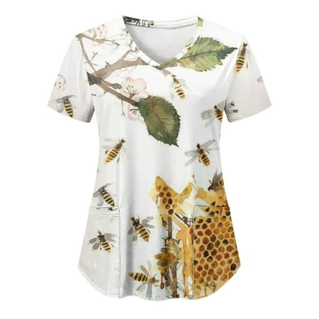 

2023 New Scrubs Top Uniform Nurses Clothing Women Spring Short Sleeve V-Neck Printed Pocket Tee Top Female Clothes