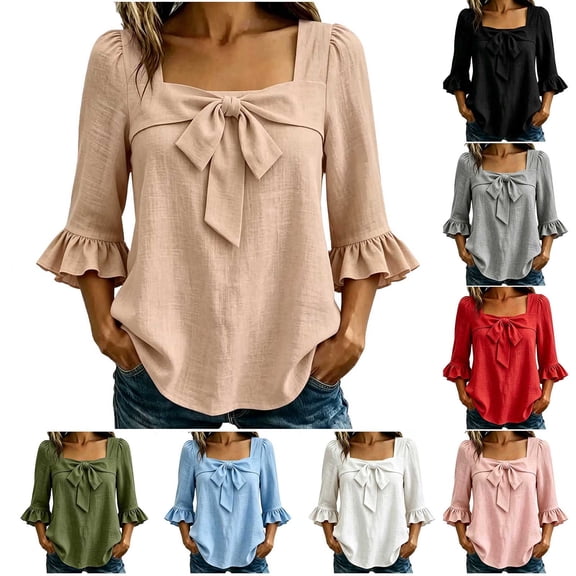 GERsome Womens T-Shirts Ruffled 3/4 Sleeve Square Neck Bowknot Trim Loose Fit Blouses for Casual Work Travel Khaki L