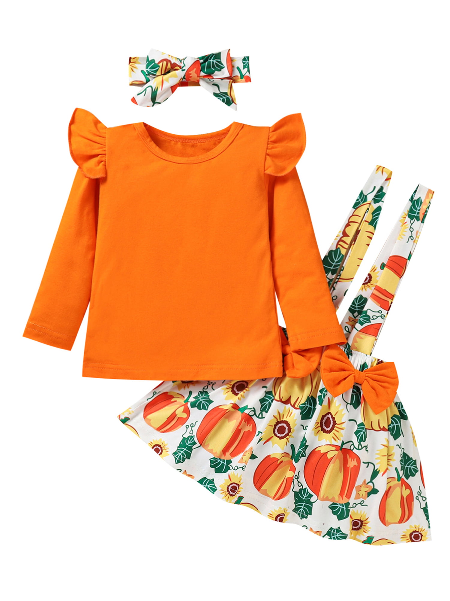 3PC Toddler Girls Halloween Outfits Long Sleeve Shirt+Pumpkin Suspender Skirt Headband Strap Overall Dress Set
