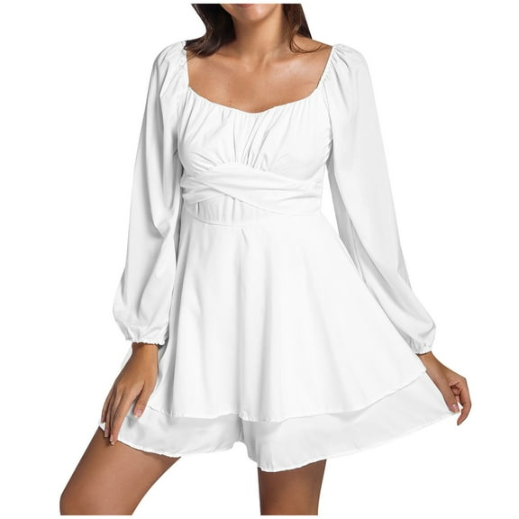 FYEGRE Women's Lantern Long Sleeve Wrap Tie Back Square Neck Double Layer Ruffle Hem A Line Short Mini Dress White XXL
