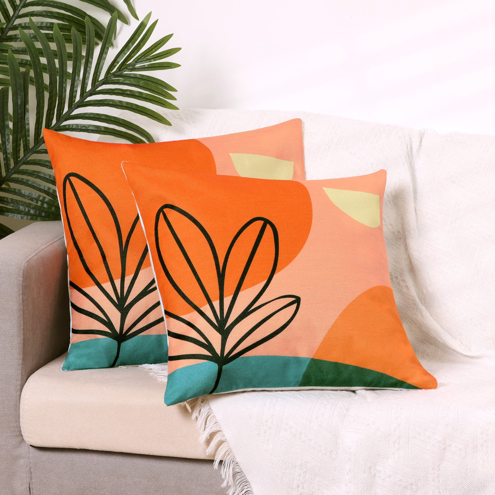 Unique Bargains Linen Printed Contemporary Decorative Throw Pillow Cover (2 Count) Orange-1 18" x 18"