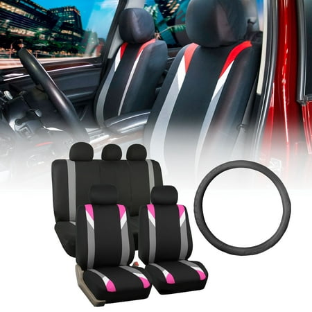 FH Group Premium Modernistic Car Seat Covers Combo, Full Set with Leather Steering Wheel Cover, Pink Black