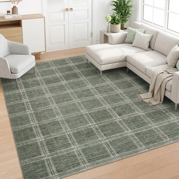 HOMERRY 9' x 12' Green Neutral Plaid Area Rug for Living Room Farmhouse Washable Non Slip Modern Checked Indoor Carpet for Bedroom Decor