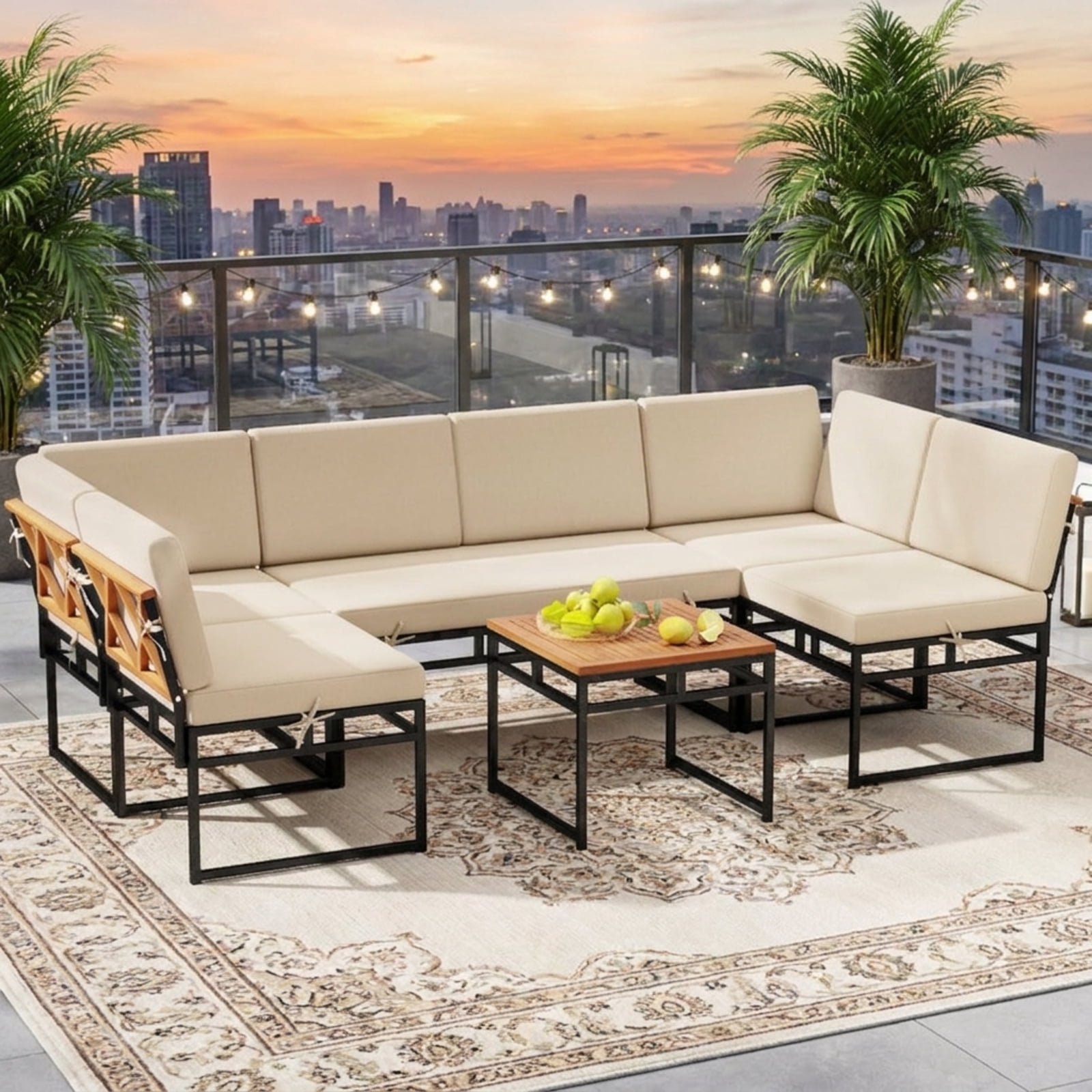 Furnibear 6 Piece Outdoor Sectional Sofa Set Metal Acacia Wood Patio Conversation Set with Cushions and Coffee Table for Backyard Garden, Beige