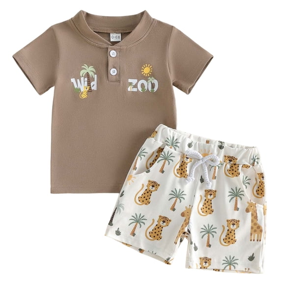 Nwiuh Toddler Baby Boy Outfits Safari Wild Animal Print Clothes Short Sleeve Shirts Top Shorts 2pcs Clothing Set Summer (Khaki, 6-12 Months)