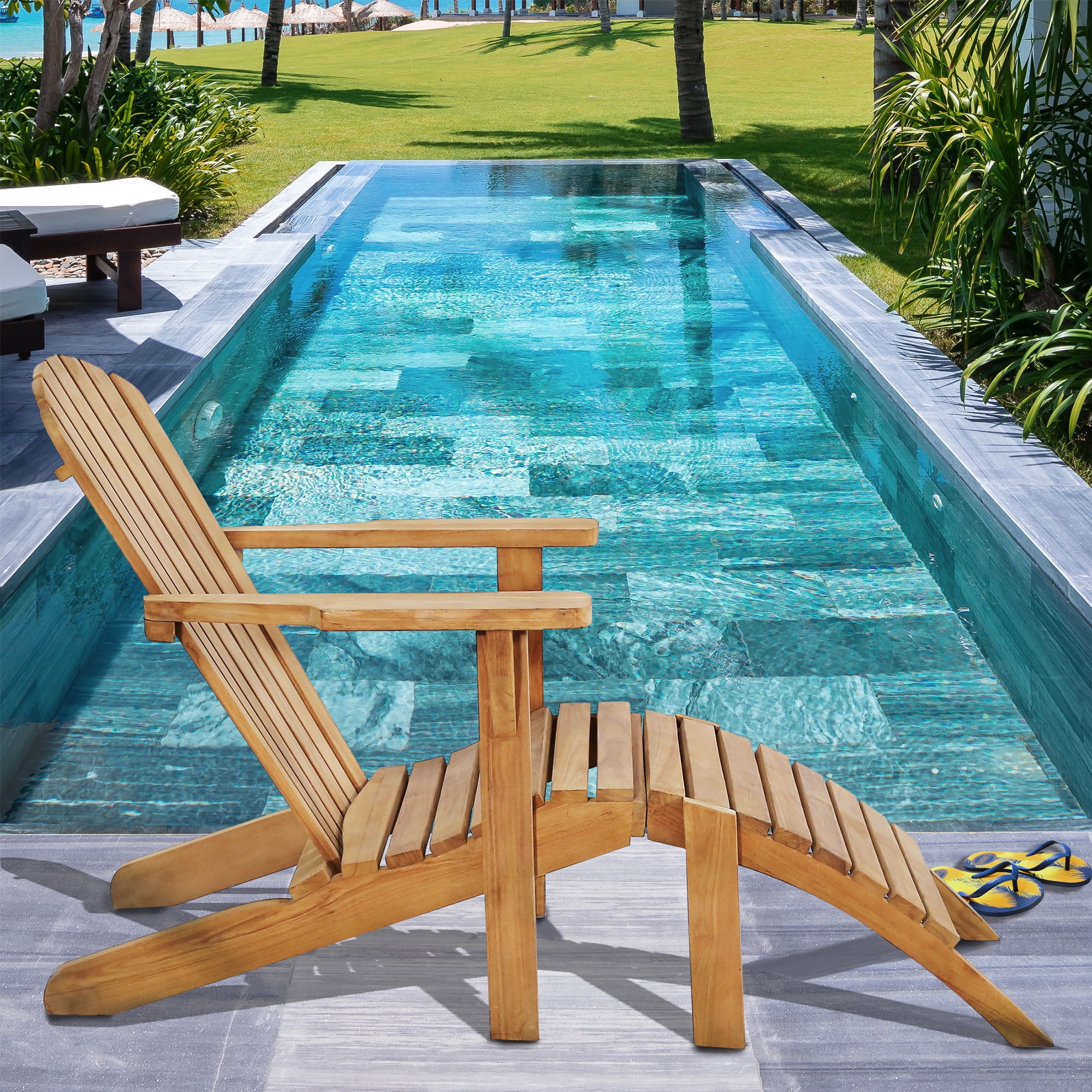 Seven Seas Teak Outdoor Patio Adirondack Chair with Footstool, A-Grade Teak Wood