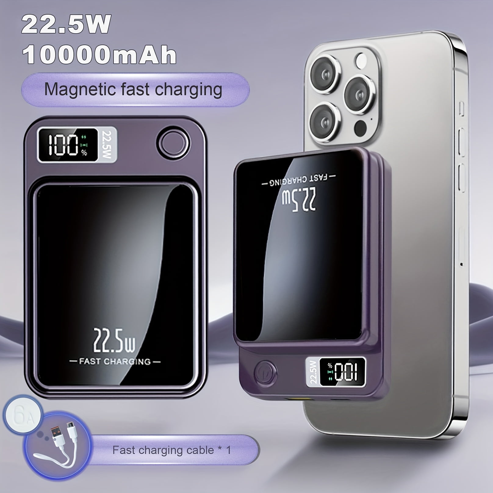 General Magnetic Wireless Charging Power Bank, 10000/5000mAh Portable Wireless Charger, 22.5W/PD20W Fast Charging Battery Pack, with LED Power Display, 2 Outputs And Dual Input External Battery Pack