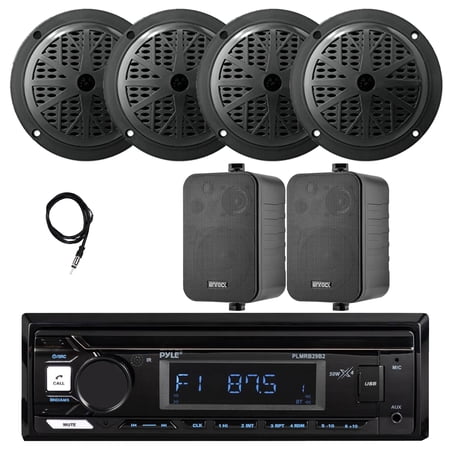 Pyle PLMRB29B2 Single DIN Marine USB Bluetooth AM/FM MP3 Stereo Receiver 4x 5.25 100W Max 2-Way Black Speakers 2x 4 30W Max 3-Way Indoor/Outdoor Speakers Antenna