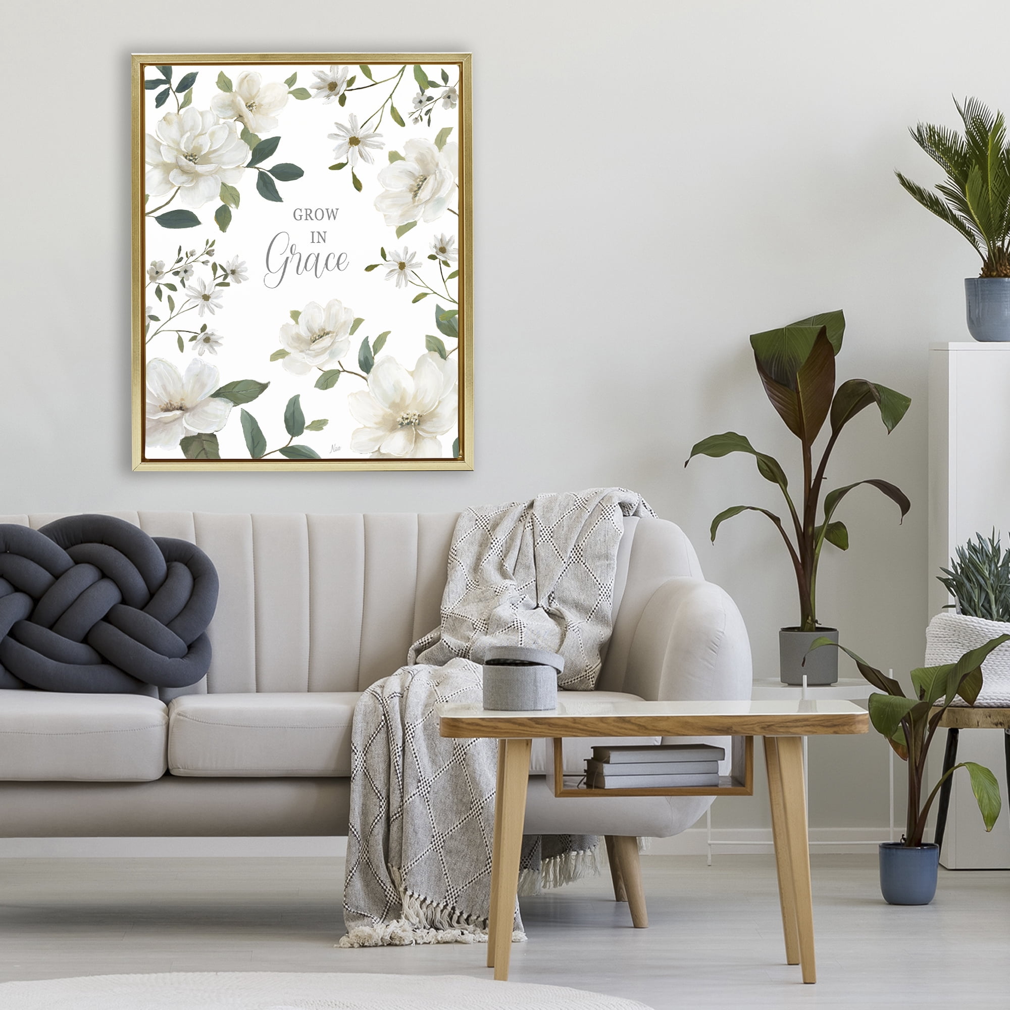 Stupell Industries Floral Grow In Grace Gold Framed Floater Canvas Wall Art, design by Nan