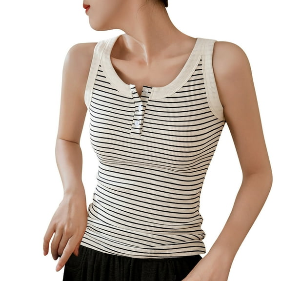 Ohufall Henley Tank Tops for Women Summer Casual Button Round Neck Sleeveless Cotton Shirts Fashion Stripe Printed Sling Undershirts