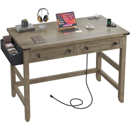 40" Small Desk with Power Outlets, Computer Desk with Drawers for Bedroom and Home Office, Writing Desk with Drawers and a Side Pocket, Vanity Desks for Bedroom, Dark Rustic Oak