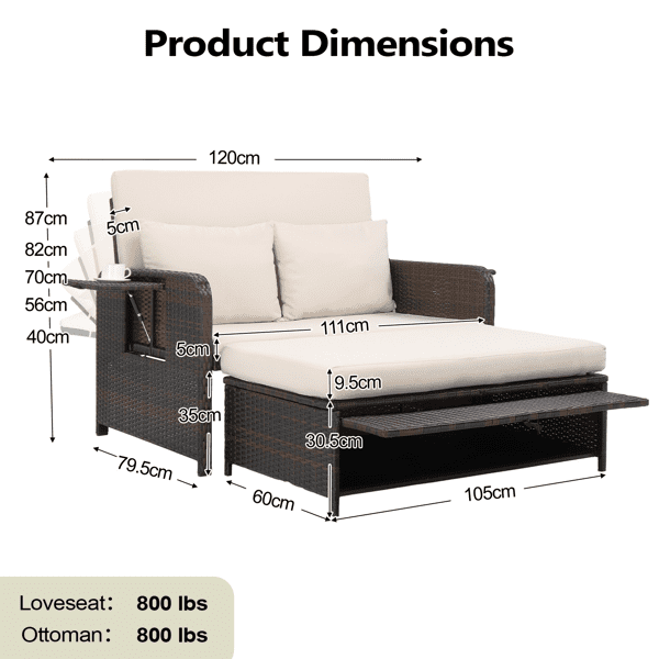 Patio Rattan Daybed Set, 2-in-1 Wicker Loveseat Sofa with Multipurpose Ottoman & Retractable Side Tray, 5-Level Adjustable Backrest, Footstool with Storage, Seat & Back Cushion Included, Brown