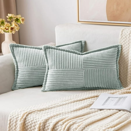 

MIULEE Corduroy Pillow Covers with Splicing Set of 2 Super Soft Couch Pillow Covers Broadside Striped Decorative Textured Throw Pillows for Spring Cushion Bed Livingroom 16x16 inch Greyish Green