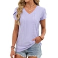 thumbnail image 6 of Htigea Womens V Neck Tops Textured Petal Short Sleeve Blouse Summer T-Shirts Casual Business Tunic Blouse Purple XXL, 6 of 8