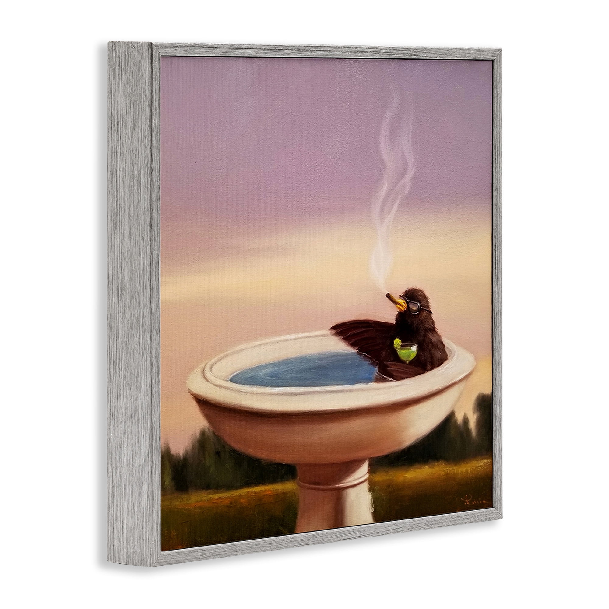 Stupell Industries Birdbath with Cocktail Humor Animals & Insects Painting Gray Framed Art Print Wall Art, 12 x 12