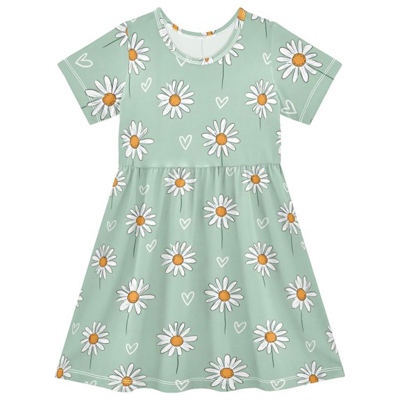 Daisy Heart Short Sleeve Dress A-Line Cute Midi Casual Sundress 2-8 Years
