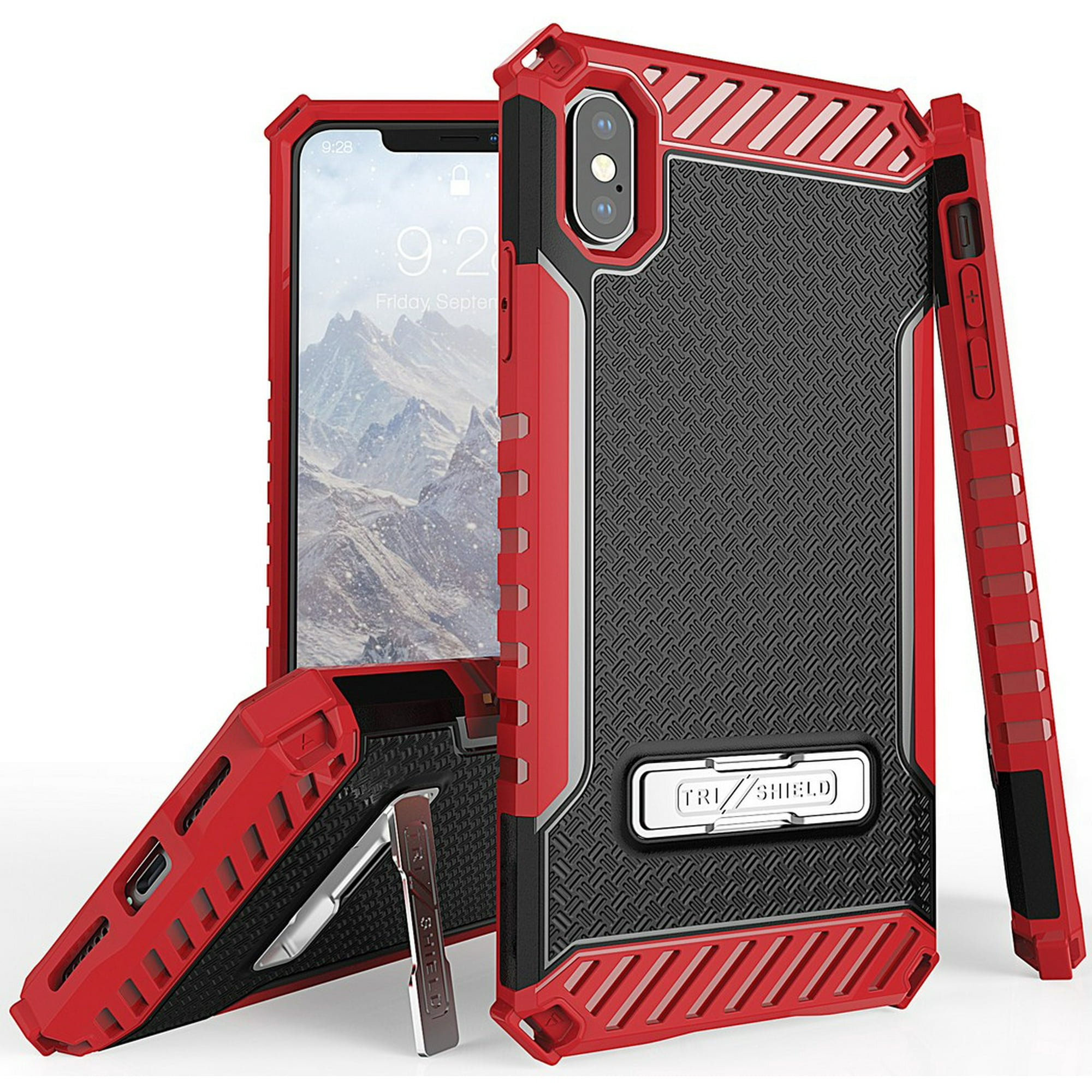 Case for iPhone Xs Max, Red Tri-Shield Rugged Cover [with Metal Kickstand + Wrist Strap Lanyard] for Apple iPhone Xs Max (Size 6.5" model) (iPhone 10s Max)