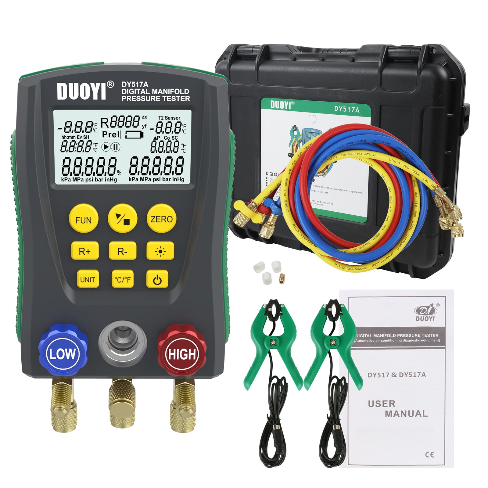 Refrigeration Digital Manifold Gauge Set HVAC Pressure Meter Kit 2-Valve Vacuum Temperature Tester Air Conditioning Diagnostic W/ Accessories 89 types R134a R410a Refrigerants for Home Car, DY517A