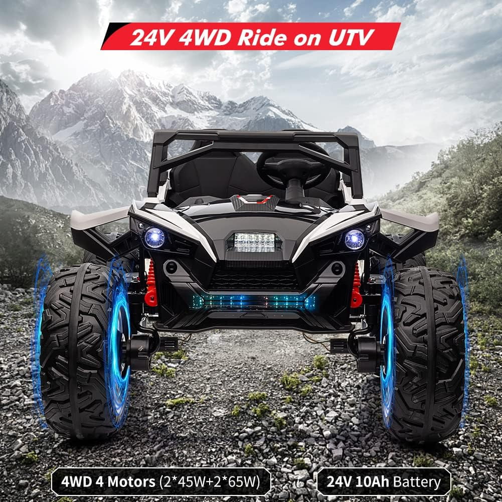 24V Ride on Car with Remote Control, 2 Seats 20.5“ Extra Large Seat Wide UTV, 4WD Power Wheels Vehicle with 17" EVA Wheels, Metal Suspension, LED Lights, Music, Horn, Christmas Birthday Gifts for Kids