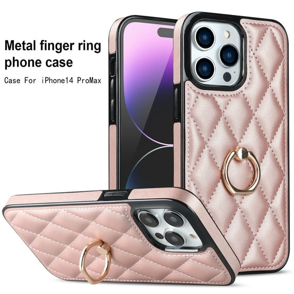 ELEHOLD for iPhone 14 Pro Max 6.7 inch 2022 Case, Luxury Rhomboid Quilted PU Leather Soft TPU Bumper 360 Degee Rotatable Metal Finger Ring Holder Kickstand Shockproof Case,Rosegold