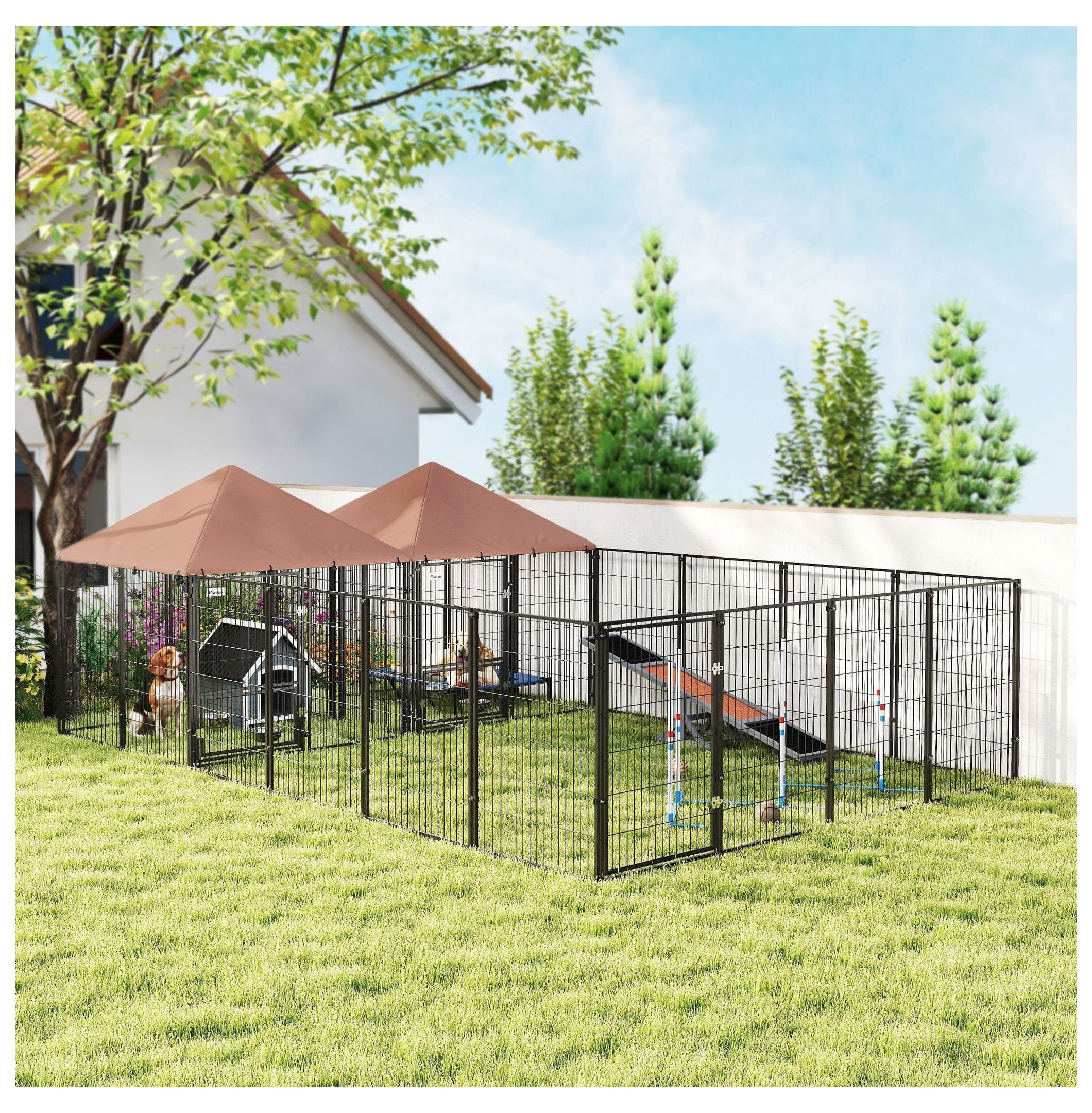 Outdoor Dog Kennel with 2 Rooms, Rotating Bowls 13.5'x9.4'x5.1' - Large Dog Run, Pet Playpen with UV Protection & Secure Latch