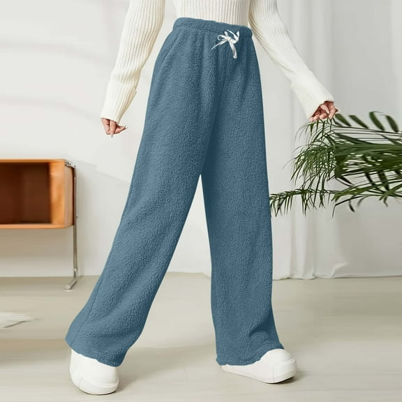 AUNVITO Women's Double-Sided Fleece Pants with Elastic Waist & Pockets, Straight Leg Solid Color Winter Warmth Casual Comfort